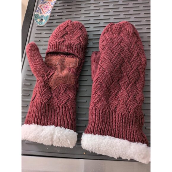 🆕Women Burgundy Mitten Fleece Warm Knit Wool Convertible Half Finger Gloves